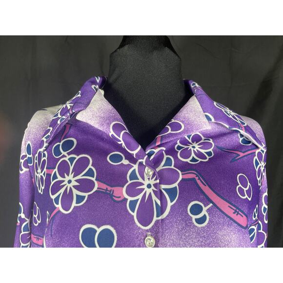 Vintage 70's purple cherry blossom, button down Sears, blouse, wide collar, - Picture 8 of 9